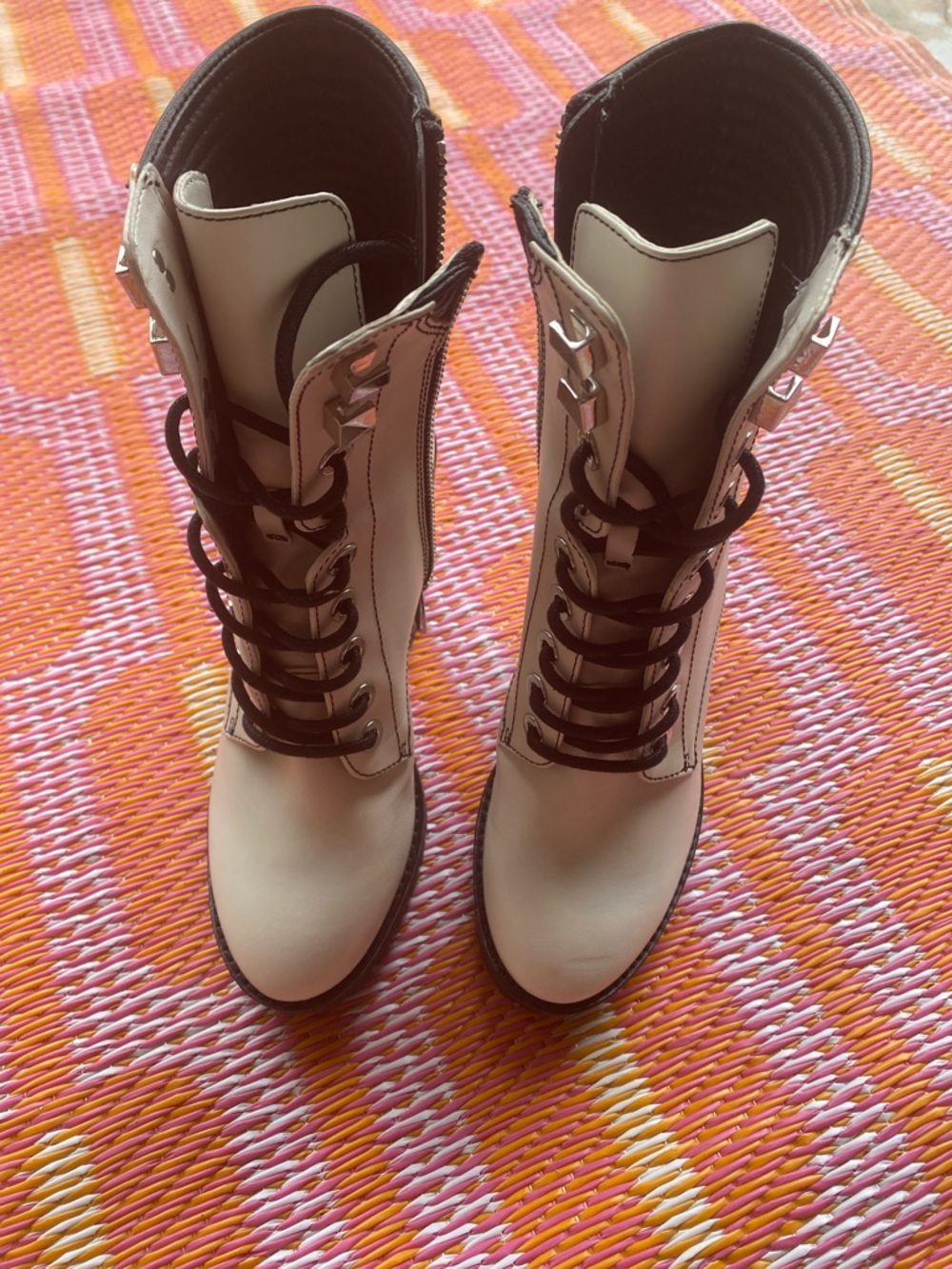 Michael Kors Cream and Black Lace-Up Block Heel Ankle Boots